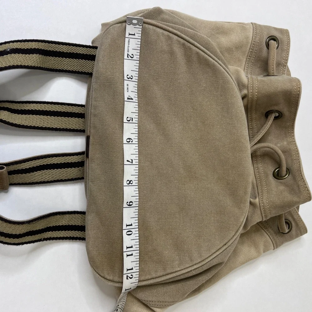 Life is Good Canvas Bucket Backpack Khaki Cotton Leather Trim Drawstring Bag